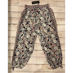 NWT Rachel Roy Pants Black Floral Elastic Waist Boho Rayon Tie Ankle Size Small